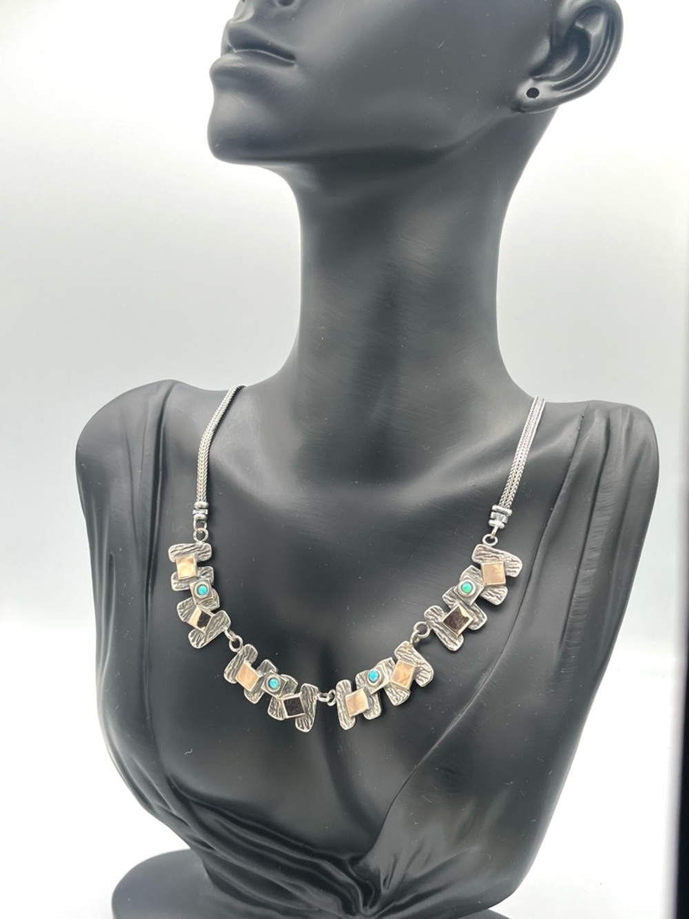 DK Signed Rare 14K Gold and 925 Silver Fire Opal Blue Green Statement Necklace